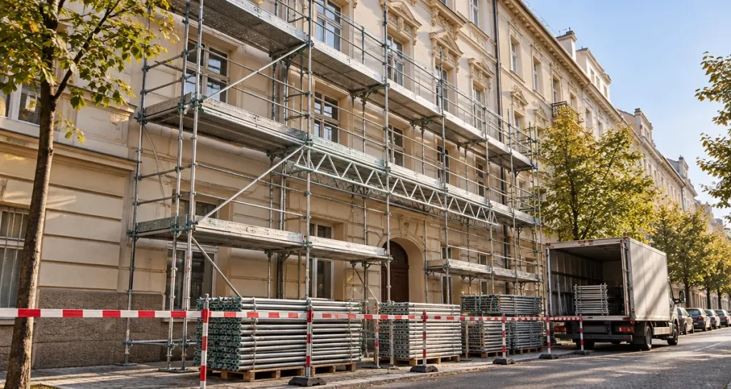 Homlokzati állvány egy budapesti lakóépület előtt, mellette szállításra előkészített állványelemek.