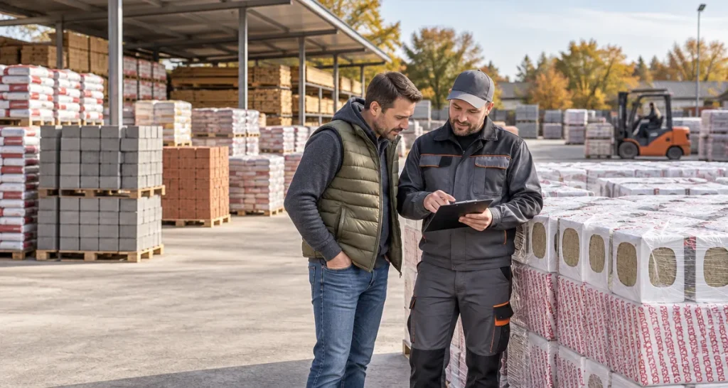 Vásárló és munkatárs anyaglistát egyeztet egy építőanyag-telep raklapjai mellett.