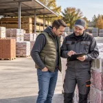 Vásárló és munkatárs anyaglistát egyeztet egy építőanyag-telep raklapjai mellett.