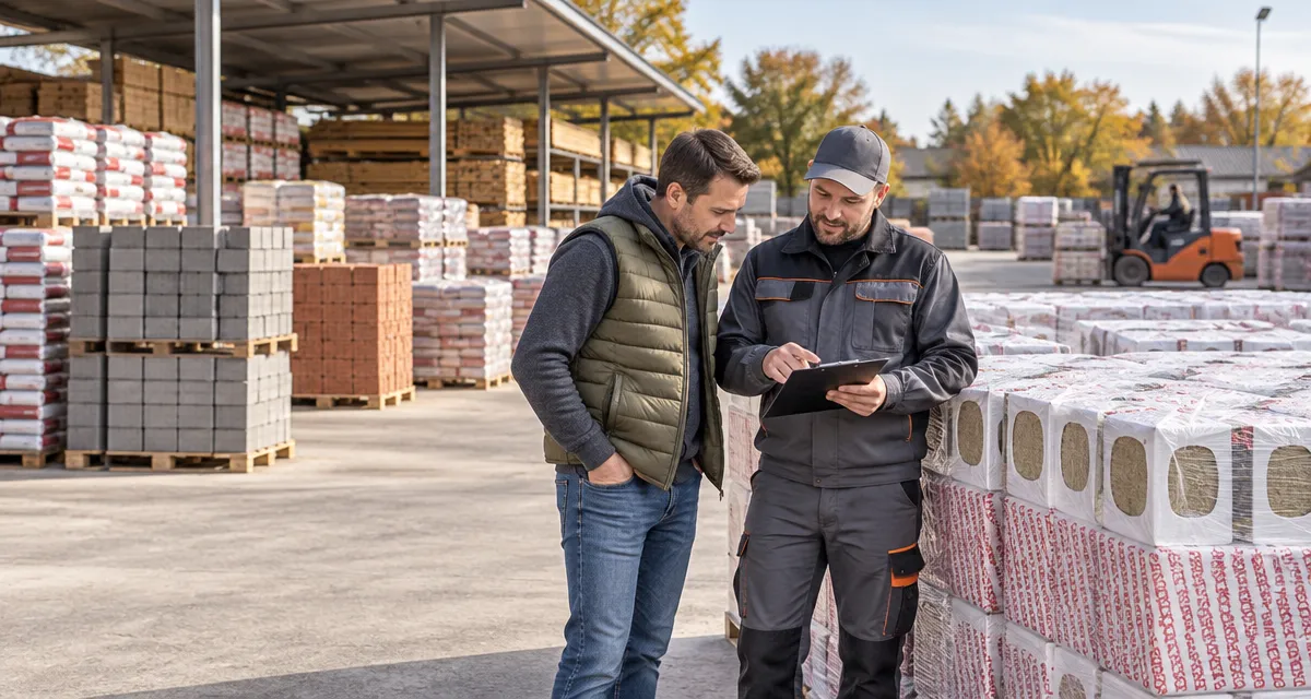 Vásárló és munkatárs anyaglistát egyeztet egy építőanyag-telep raklapjai mellett.